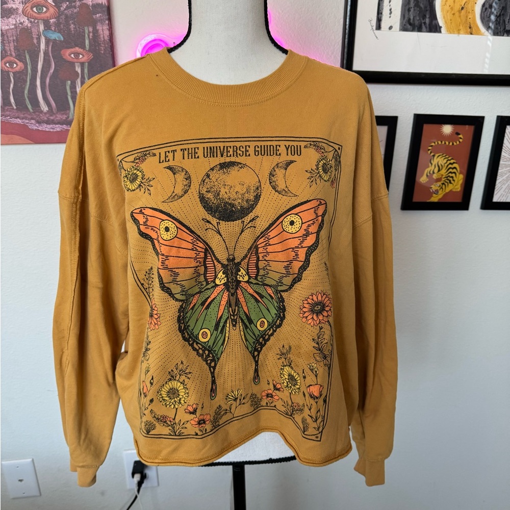 Yellow Graphic Sweatshirt with Butterfly Design